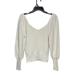 Anthropologie V-Neck Puff Sleeve Ivory Fitted Sweater Size XS
